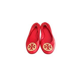 Tory Burch Womens Red Minnie Travel Leather Slip On Ballet Flat Shoes Size 8.5